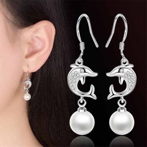 KOFSAC New Fashion Cute Dolphins Micro inlay CZ Eardrop 925 Sterling Silver Earrings For Women Wedding Party Pearl Jewelry Gift