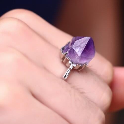 Reiki Birthstone Mineral Open Adjustable Ring Rock Raw Natural Amethysts Rings Purple Crystal Quartz Rings Wedding Jewelry Women