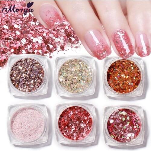 Monja 6 Boxes/Set Nail Art Rose Red Series Glitter Flakes Colorful Hexagon Sparkly Shiny Irregular Sequins Powder Manicure Tools