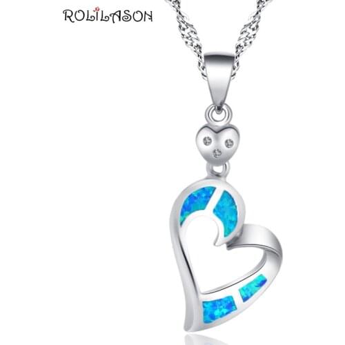 ROLILASON heart-shaped 925 silver stamped blue opal necklace pendant fashion high-end business gifts womens OP863