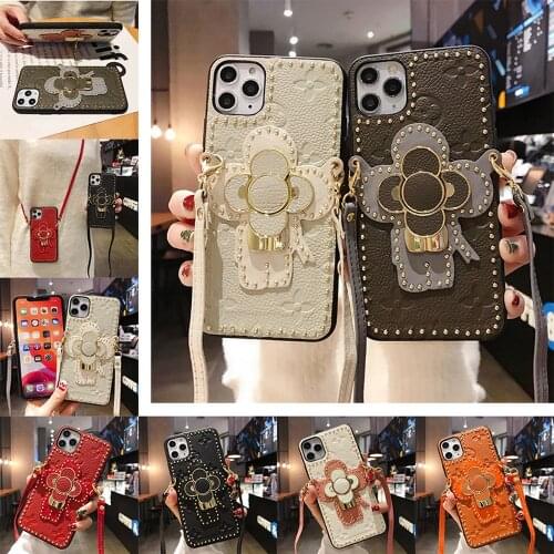 PINZHENG Leather Phone Case For iPhone 7 8 Plus X XR XS 11 12 Pro Max 12Mini Soft Strap Card Phone Bracket Protective Back Cover