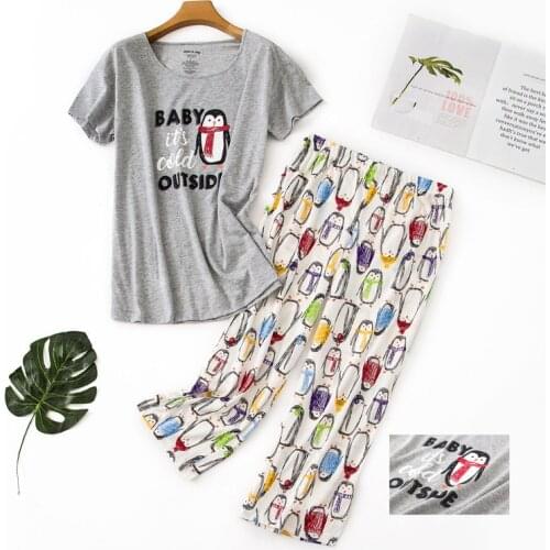 Cartoon Penguin Pajamas Set Short Sleeve T-shirt Pants 2Piece/Set Casual Pyjama Big Size Mom Homewear 2020 Fashion PJS