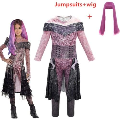 Descendants 3 Mal Bertha Maleficent Long Live Evil Straight Purple kids adult Cosplay Wig + Jumpsuits halloween costume for kids