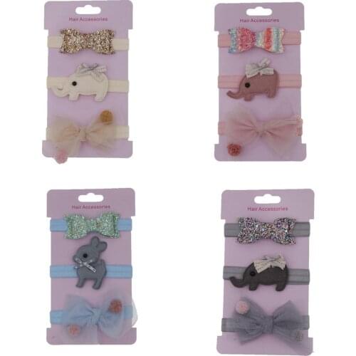Nishine 3pcs/lot Bows Headband Newborn Baby Elastic Princess Hairbands Kids Cute Deer Elephant Cartoon Headwear Gifts Sets