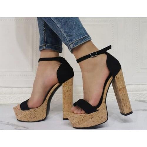 Drop Shipping Woman Black Suede Chunky Heels One Line Sandals Female Peep Toe Cover Heel Platform Party Dress Shoes Big Size