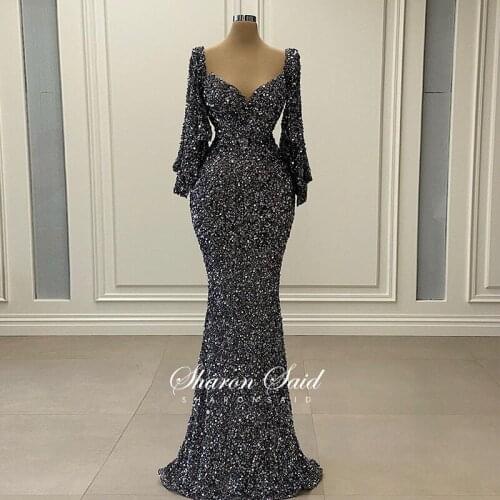 Gray Black Sequined Mermaid Evening Dress Long 2021 Arabic Flared Sleeves African Prom Graduation Dressses Wedding Party Gowns