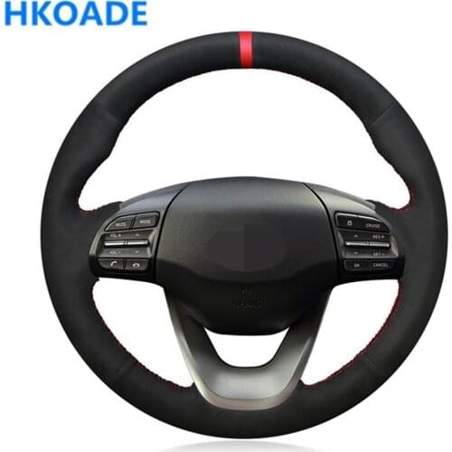 DIY Hand-stitched Black Soft and Comfortable Suede Car Accessories Steering Wheel Cover For Hyundai Kona 2017-2019