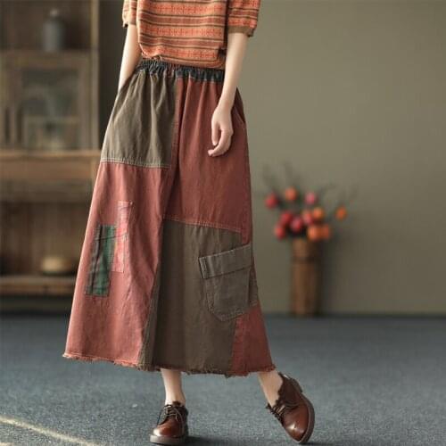 Spring 2021 new casual fashion retro color matching denim skirt women elastic waist thinner mid-length raw edge denim skirt s244