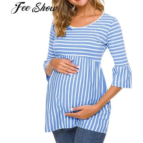 Maternity Summer Tops Women Pregnancy Flare Sleeve Striped T-Shirts Plus Size Tees for Pregnant Elegant Top Casual Clothing