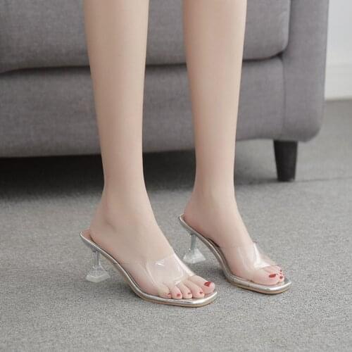 2020 New Summer Rome PVC Transparent Slippers Womens Shoes Open Toe Clear Thin High Heel Crystal Orange Apricot Silver