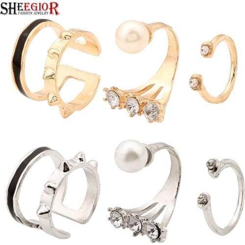 SHEEGIOR Hot Vintage Channel Simulated-Pearl Rings set for Women Bohemian Silver color Bague Knuckle Ring Finger Fashion Jewelry