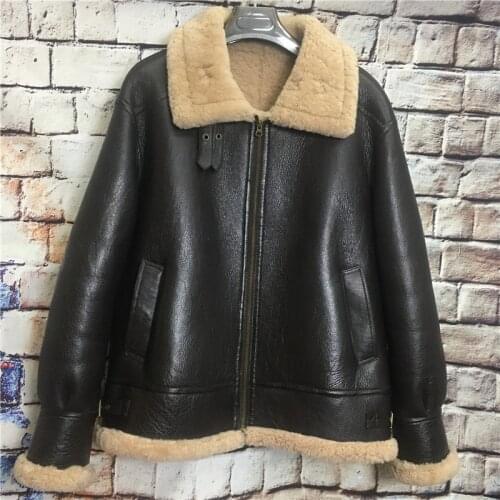 Winter Mens B3 Real Fur Motorcycle Jacket Men Genuine Leather Flight Suit Sheepskin Shearling Coat 5XL