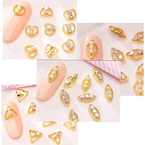 10pc/lot Nail Crystal Pearl Charm Rhinestone Metallic Sliver Hollow 24-Style(JE28-51) Charming Stud DIY Nail Tip Charm Accessory
