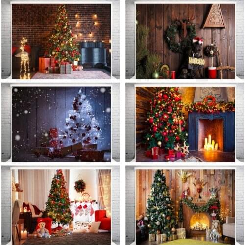 150*210 cm/5*7 FT Vinyl Wood Christmas Background Brick Fireplace Christmas Tree Gift Newborn Portrait Photo Backdrop Photocall