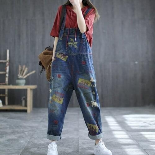 2021 Summer Women Ripped Jeans Jumpsuits Retro Loose Casual Rompers Suspenders Strap Scratched Tree Print Pocket Denim Overalls