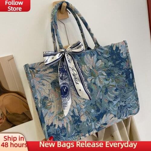 Flower Print Big Tote Bag Women 2021 Pearl Chain Scarf Shoulder Bags Branded Designer Canvas Small Crossbody Bags Handbag Purse