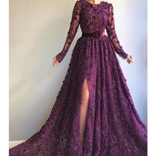 Burgundy prom dresses 2019 crew neckline lace beading sequins lace long sleeve evening dresses arabic party dresses