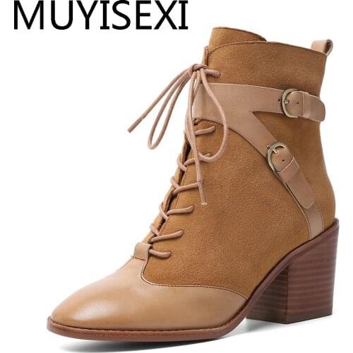 Retro ankle boots 6.5cm square high heel tuba decorate lace-up zipper comfortable winter women shoes DSHL03 MUYISEXI