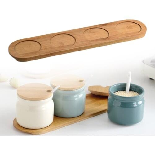 S/M/L Household Bamboo Kitchen Storage Tools, Salt Pepper Oil & Vinegar Ceramic Seasoning Box Storage Tray Set