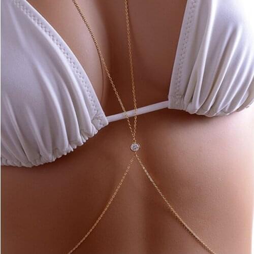 American Simple Sexy Beach Bikini Jewelry Body Chain zircon Waist Belly Chain Gold Color Bra Chain Necklace Body Boho Jewelry