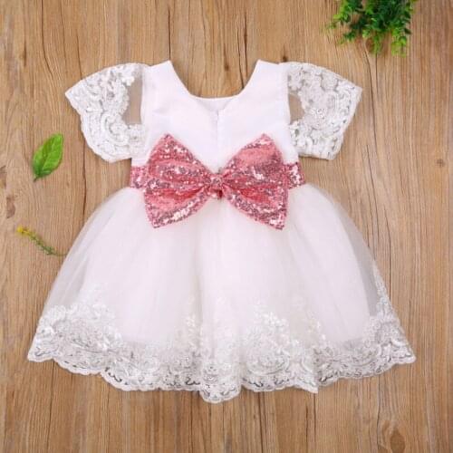 Kids Princess Dress, Lace Trim U-Neck Short Sleeve Dresses with Sequins Bowknot for Summer, Pink/White, 0-5 Years