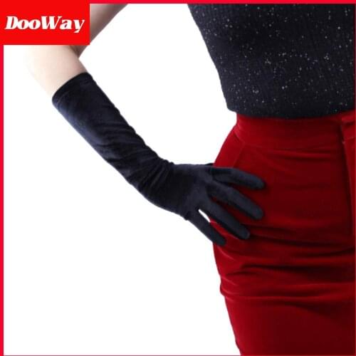DooWay Women Long Velvet Glvoes Stretch Elbow Length 16 Inches for Evening Wedding 1920s Party Costume Black