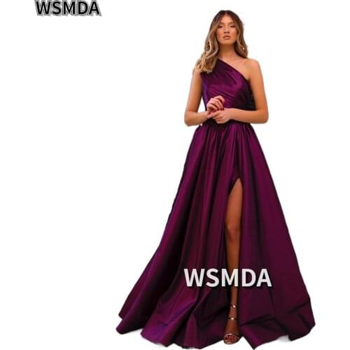 Purple Satin Evening Dresses One Shoulder High Slit Side Long Evening Gowns Pleated A-Line Formal Prom Dresses