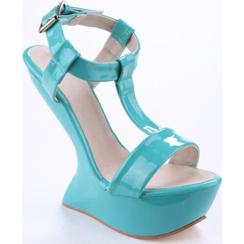 Summer Patent Leather T-Strap Strange Wedge Heels Sandals Woman Super Heels Platform Cutout Sandalias Stage Pperformance Shoes