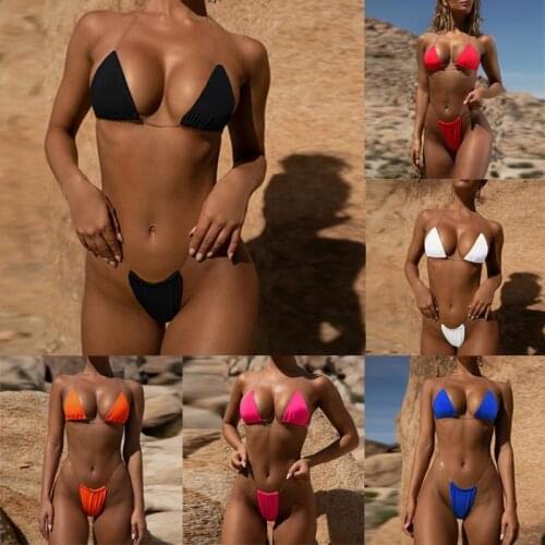 New Summer Swimsuit Women Halter Solid Transparent Straps Bikini Set Bra Thong Sexy Push up Swimwear Bathing Swimsuit