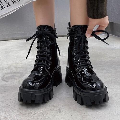 Platform Chunky Heels Cross Tied Handmade Genuine Leather Women Boots Round Toe Zipper Ankle Boots Patent Leather Mujer Botas