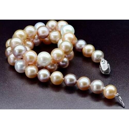 Charming 9-10 mm south sea round white gold pink purple multicolor pearl necklace 18" 36"