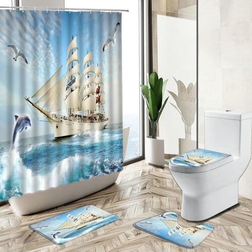 Ocean Sailing Scenery Shower Curtain Dolphin Wave Vessel Sea View Home Bathroom Decor Non-Slip Carpet Toilet Cover Floor Mat Set