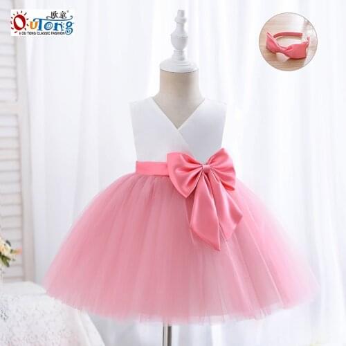 Outong Baby Girl Frocks Party Dress V Neck Waist Bow Mesh Ball Gown Kids Dresses Summer Causal Children Clothes Holiday Party