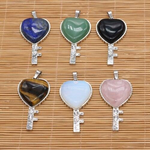 New Pendants Natural Stone Heart Shaped Key Shape Charms Alloy Pendant for DIY Jewelry Necklace Bracelet Size 25x50mm