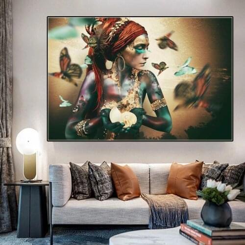 Modern Colorful Girl Canvas Painting Poster and Print African Woman with Butterfly Wall Art Picture for Living Room Decor Cuadro