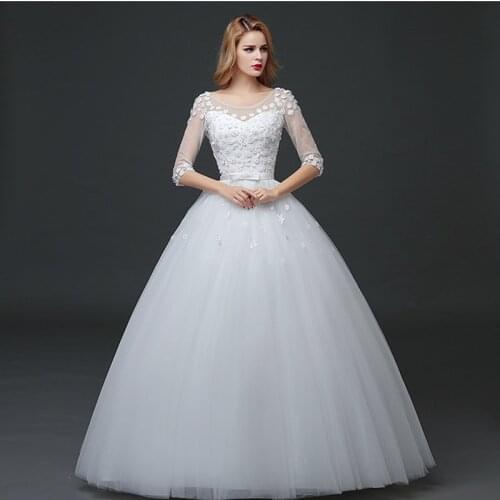 Wedding Dress Illusion O-Neck Half Floor-Length Lace Tulle Embroidery Pearls Backless White Luxury Vintage Lady Bride Gown GB074