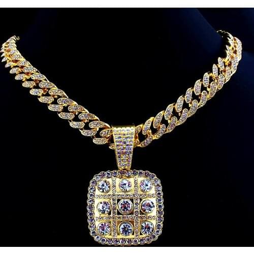 Hip Hop Square Sign Pendant Necklace 12mm Miami Cuban Chain Iced Out Bling Rapper Rock Choker Necklace for Men Male Fine Jewelry