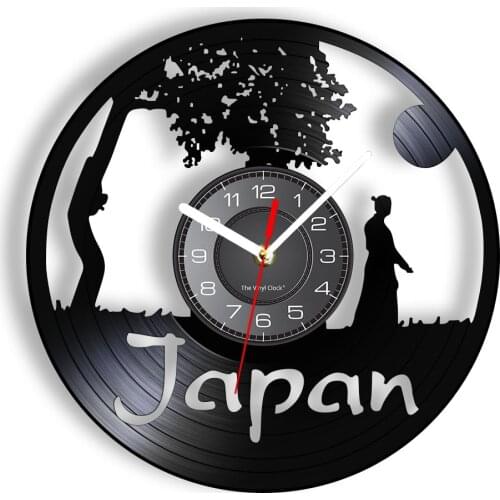 Japan Culture Vinyl Music Record Wall Clock Cherry Japanese Blossom Tree Katana Wakizashi Sword Inspired Retro Silent Clock