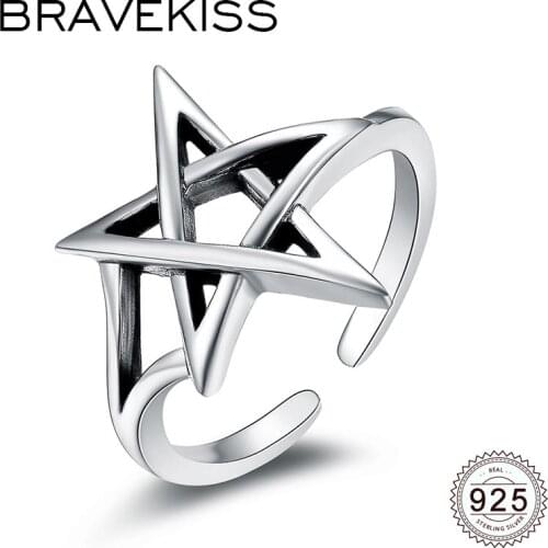 BRAVEKISS Star 925 Sterling Silver Rings for Women Bridal Set Hollow Pentagram Adjustable Open Rings 925 Fine Jewelry BLR0324