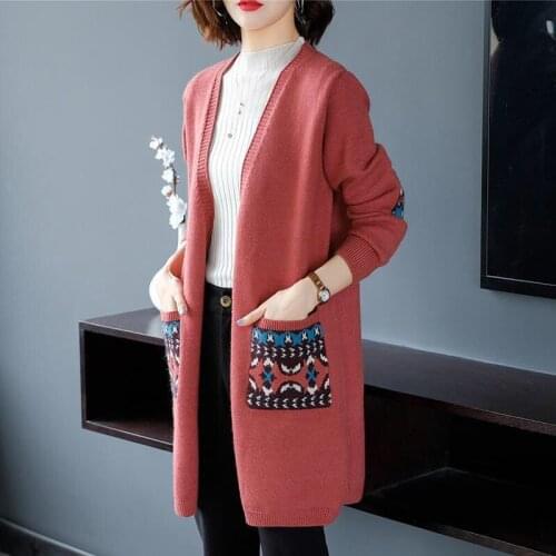 Long Knit Cardigan Jacket Womens Spring Autumn 2021 New Korea Embroidered Pocket Long Sleeve Sweater Coat Loose Ladies Outwear