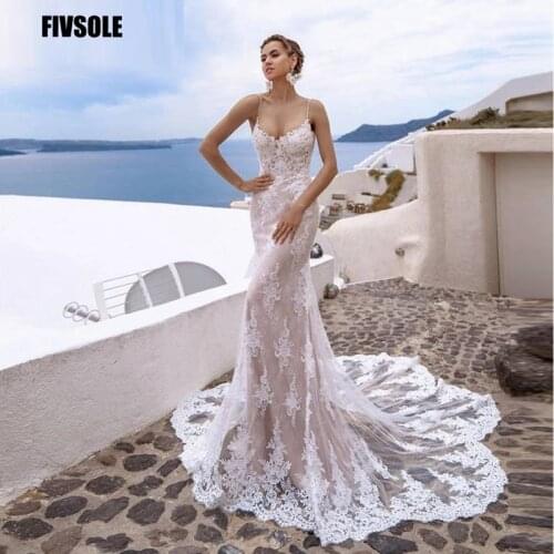 Fivosle V-neck Tulle Mermaid Wedding Dress 2021 Spaghetti Straps Charming Appliques Backless Boho Bridal Gowns Vestido De Noiva