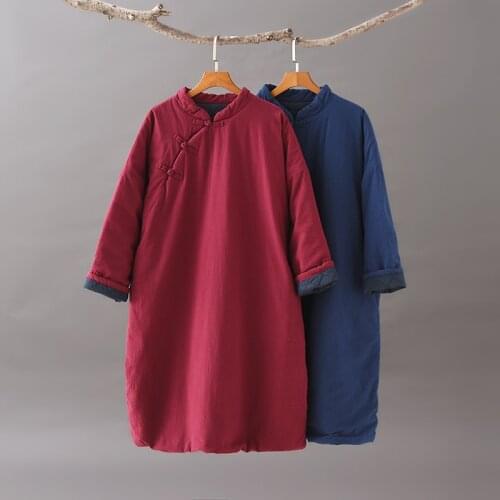 Winter 2020 new women coat chinese national retro stand collar outwear button clip cotton linen thicken cotton padded clothes