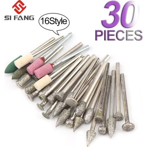 30pcs Diamond Coated Cutting Burr Bit Diameter 6mm Chainsaw Sharpener Jade File Carving Rotary Tools Set for 3MM Shank