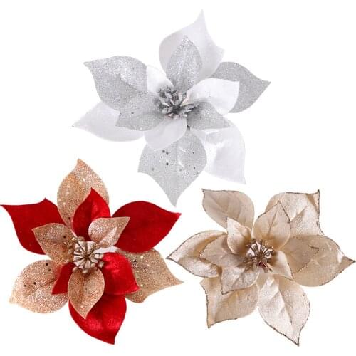 5pcs/lot 21cm/16cm/14cm Christmas Artifical Flowers Glitter Poinsettia for Christmas Tree Ornaments Fake Flower Decoration