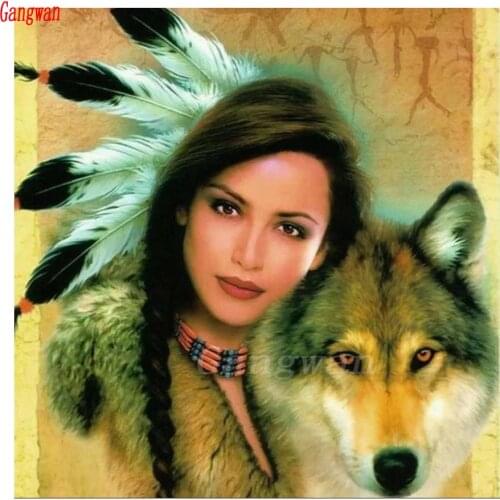 New Full Diamond Embroidery Diy diamond Painting Cross Stitch Indian Woman and Wolf Decorative Picture of Rhinestone Mosaic Arts