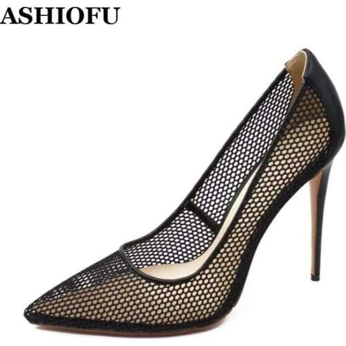 ASHIOFU 2020 New Handmade Ladies High Heels Pumps Breathable Air-mesh Sexy Party Prom Dress Shoes Evening Club Fashion Shoes