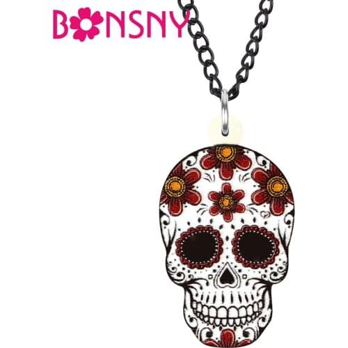 Bonsny Acrylic Halloween Smile Floral Skull Necklace Chain Collar Pendant Choker Jewelry For Women Girls Charms Gift Decoration