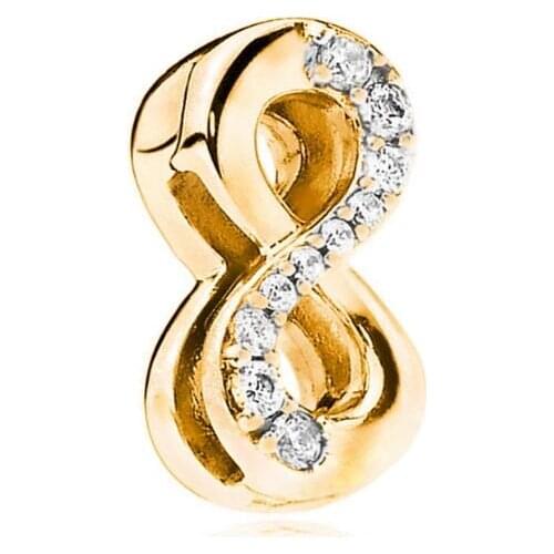 Genuine 925 Sterling Silver Charm Gold Reflexions Sparkling Infinity With Crystal Beads Fit Pan Bracelet & Bangle Jewelry