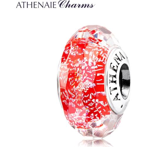 ATHENAIE Genuine 925 Silver Core Faceted Fascinating Iridescence Red Passion Charms Murano Glass Beads Fit European Bracelets