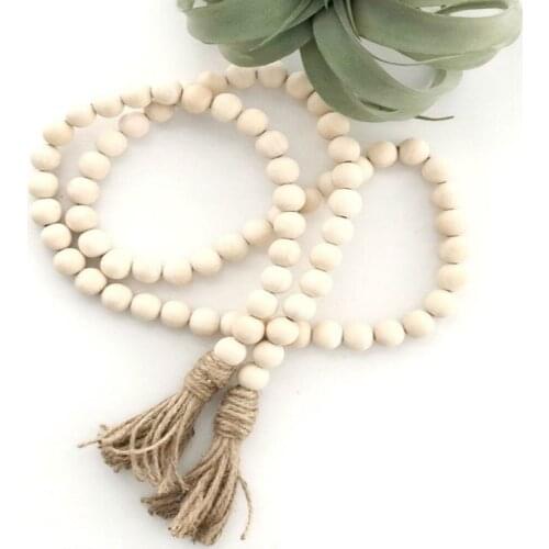 DIY Farmhouse Wooden Beads Decor Handmade Garland Tassel Rustic Country Home Vase Closet Door Handle Boho Wall Hanging Ornament